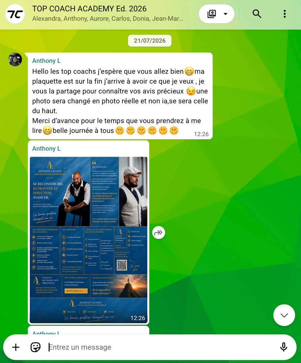 Le groupe WhatsApp TOP COACH ACADEMY Ed. 2026 : Anthony partage sa plaquette de coach avec la promotion